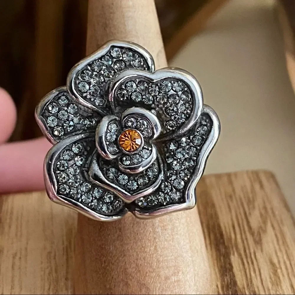 TK316 Stainless Steel Topaz Rhinestone Flower Ring Size 6